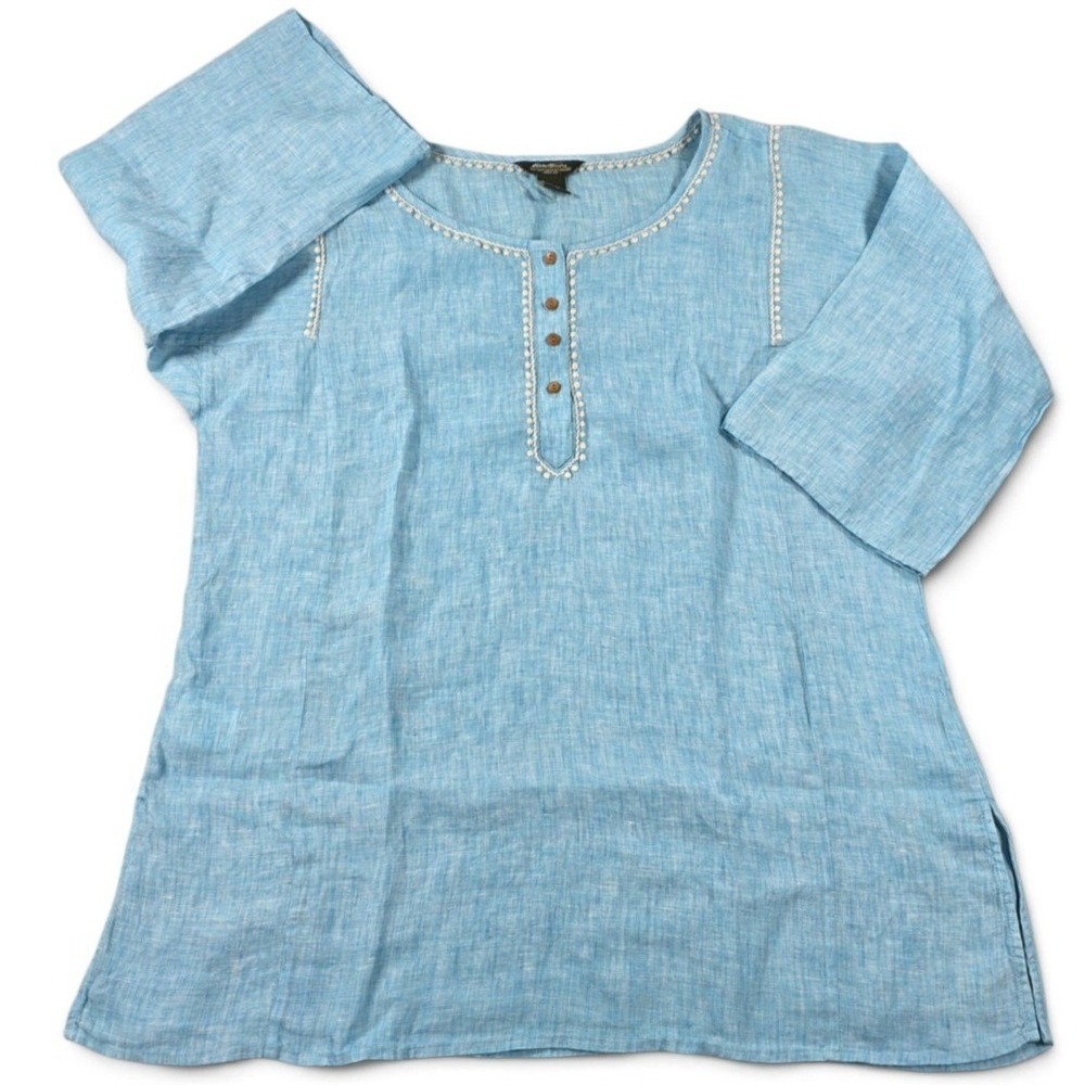 Eddie Bauer Linen Pom Pom Trim Henley Tunic Light Blue XL Women Tunic Lagenlook